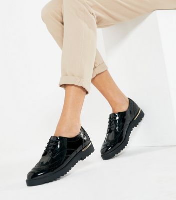 Black Patent Lace Up Chunky Brogues 