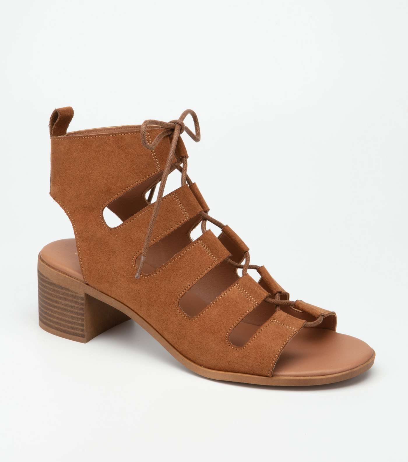 Tan Suedette Lace Up Heeled Sandals