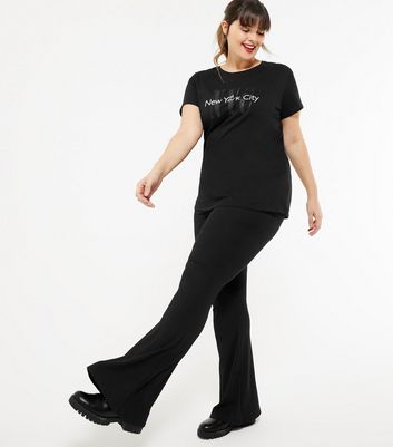 Curves Black Ribbed Flared Trousers 