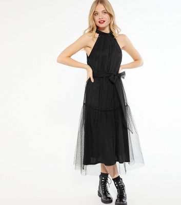Black Spot Mesh Halter Midi Dress | New Look