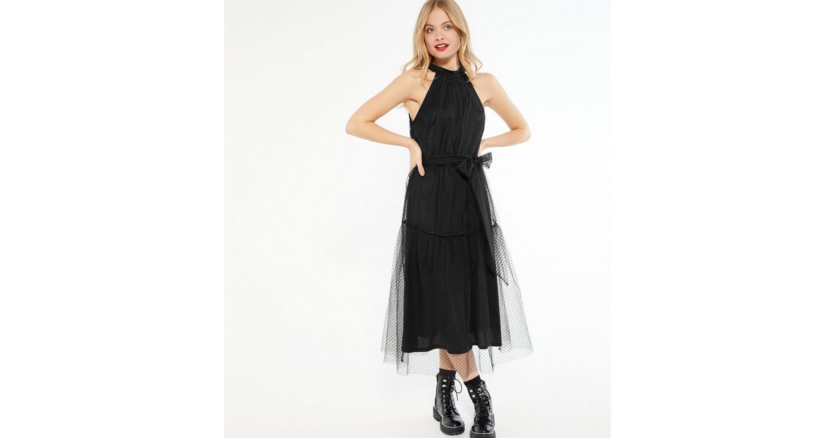 Black Spot Mesh Halter Midi Dress | New Look