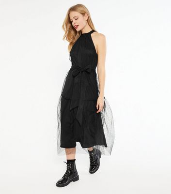 Mesh halter wrap midi dress store