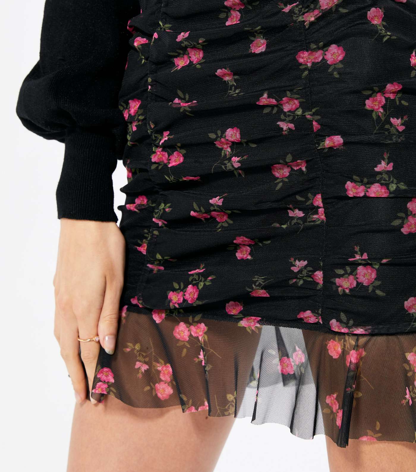 Black Floral Mesh Ruched Mini Skirt  Image 4