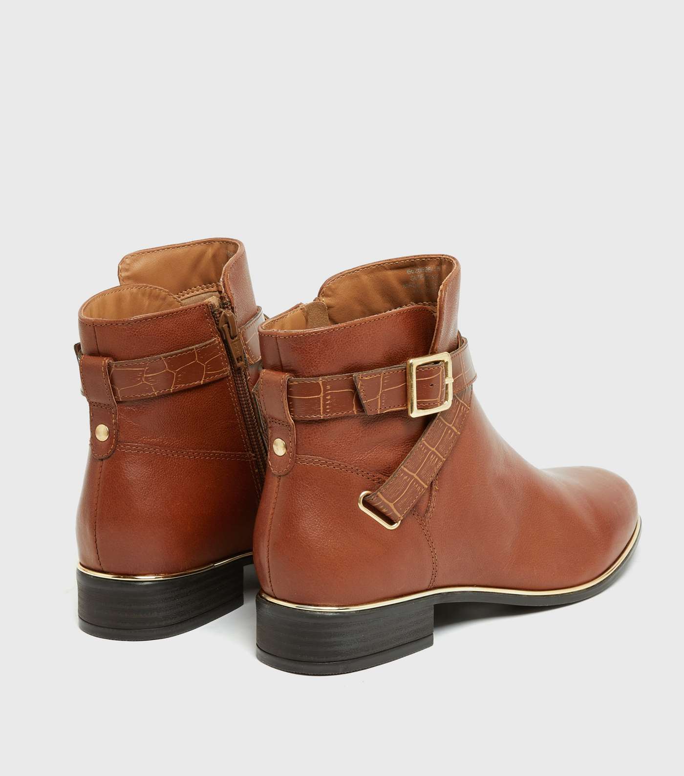 Tan Leather Cross Strap Metal Trim Ankle Boots Image 4