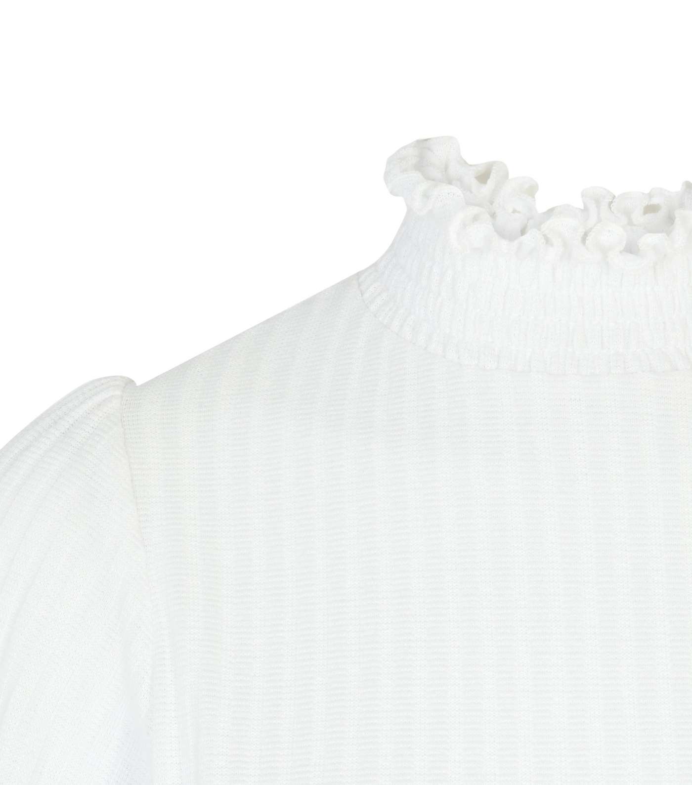 White Shirred High Neck Puff Sleeve Top Image 3