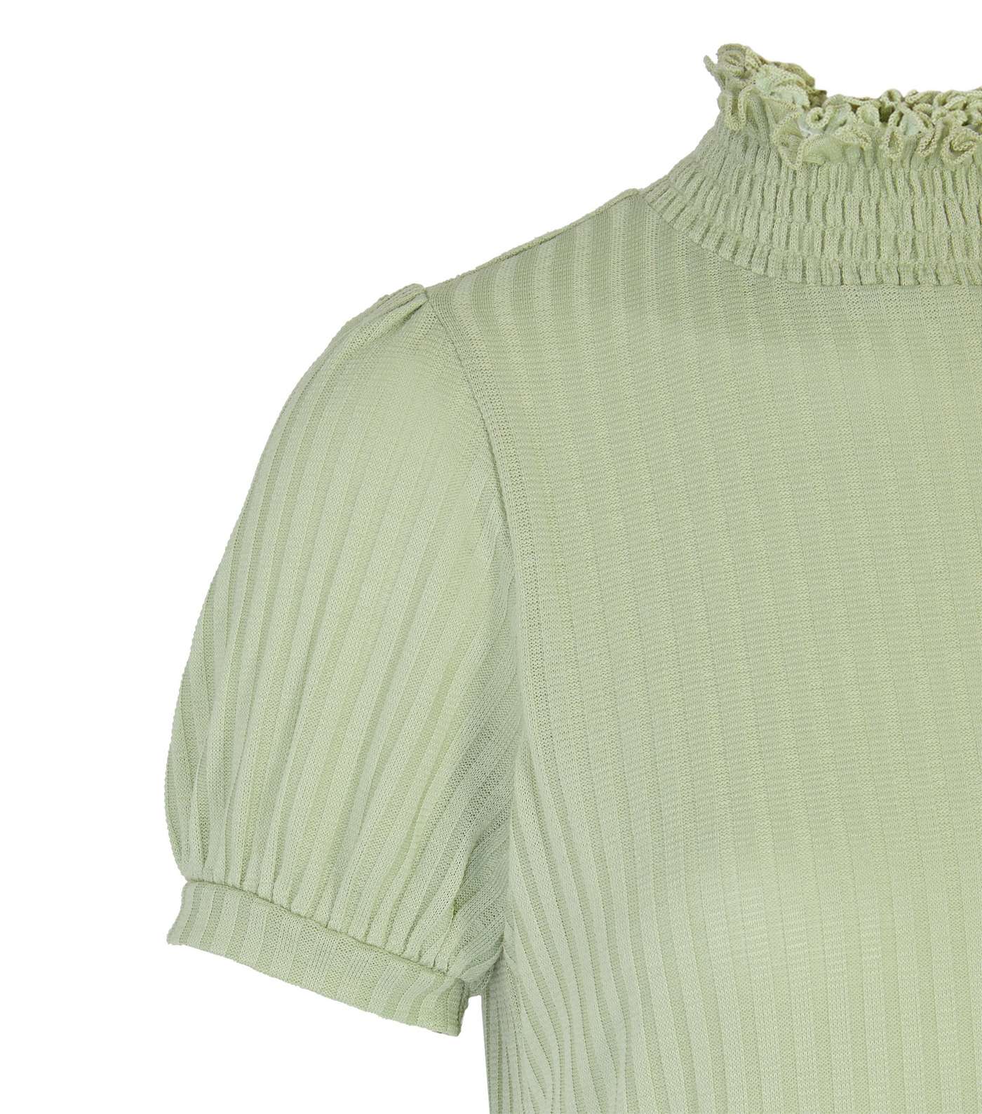 Light Green Shirred High Neck Puff Sleeve Top Image 3