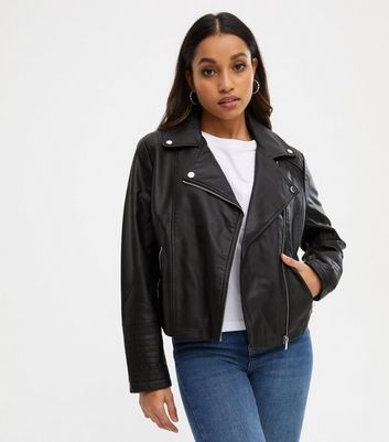 Petite Black Leather-Look Quilted Biker Jacket | New Look
