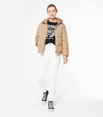 new look hooded boxy puffer in camel