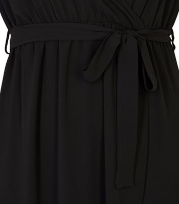 Image of Curves Black Tie Waist Wrap Midi Dress New Look