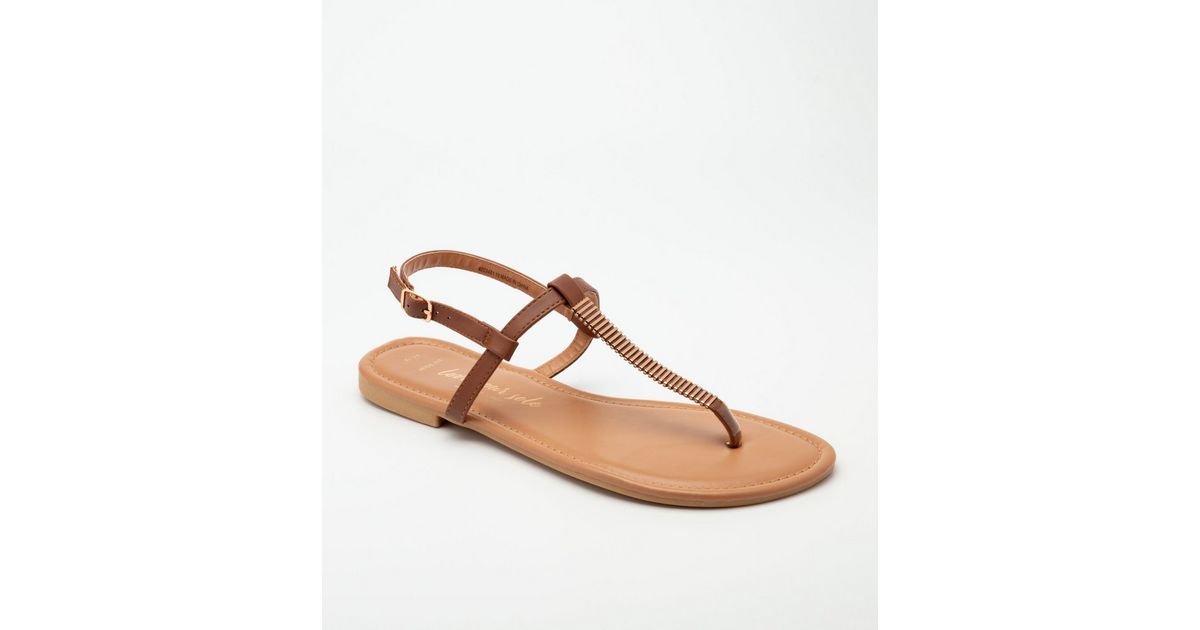 Wide Fit Tan Embellished Flat Sandals | New Look