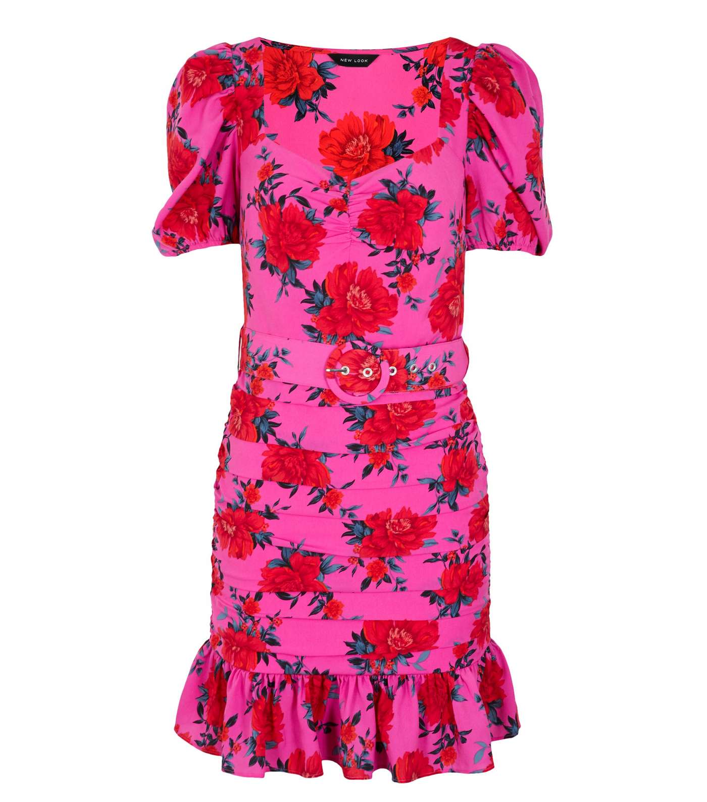 Pink Rose Print Belted Ruched Mini Dress  Image 5