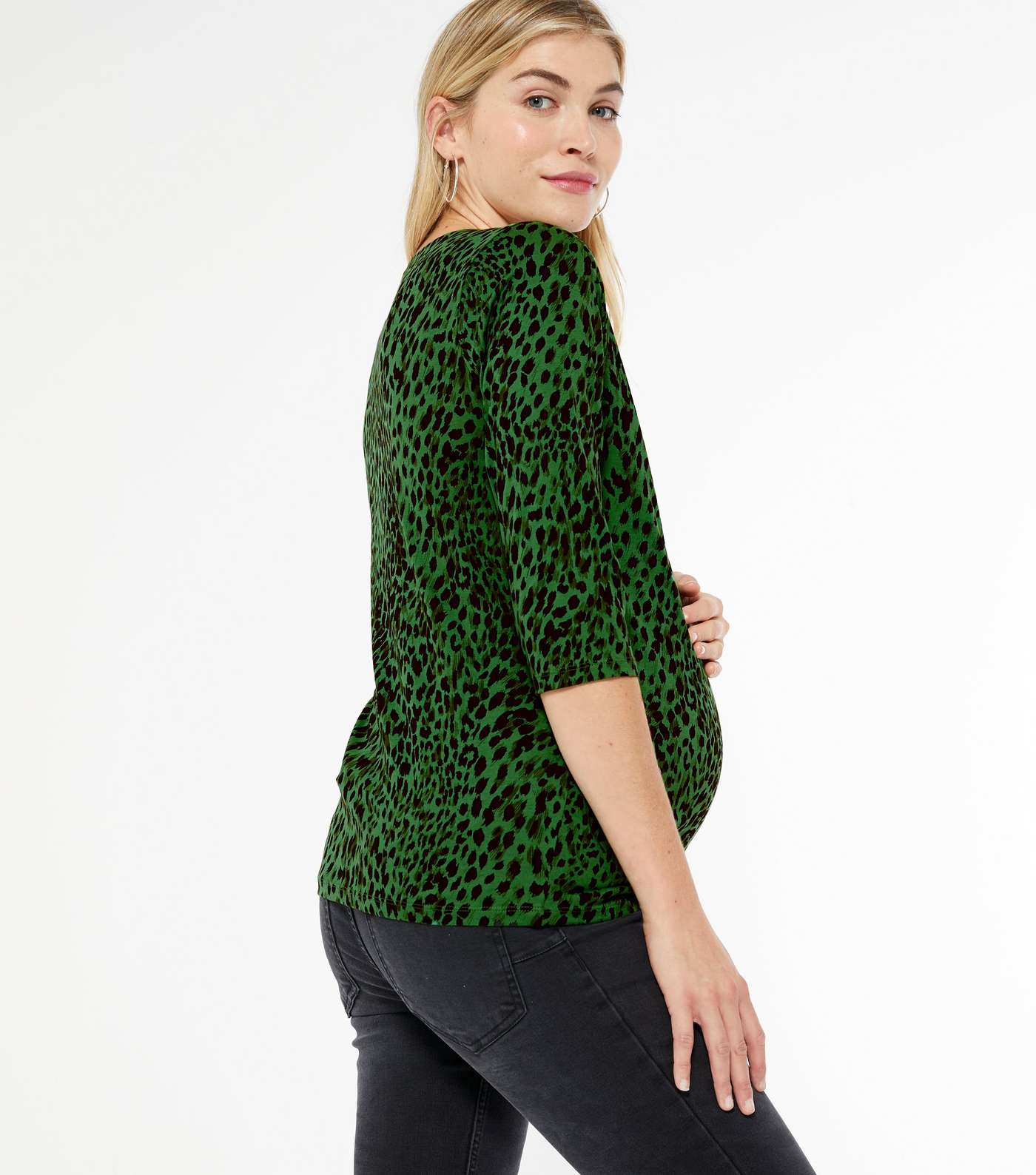 Maternity Green Leopard Print Jersey V Neck Top Image 4