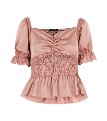 Cameo Rose Pink Satin Ruched Puff Sleeve Top | New Look