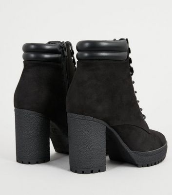 wide fit black suedette block heel hiker boots
