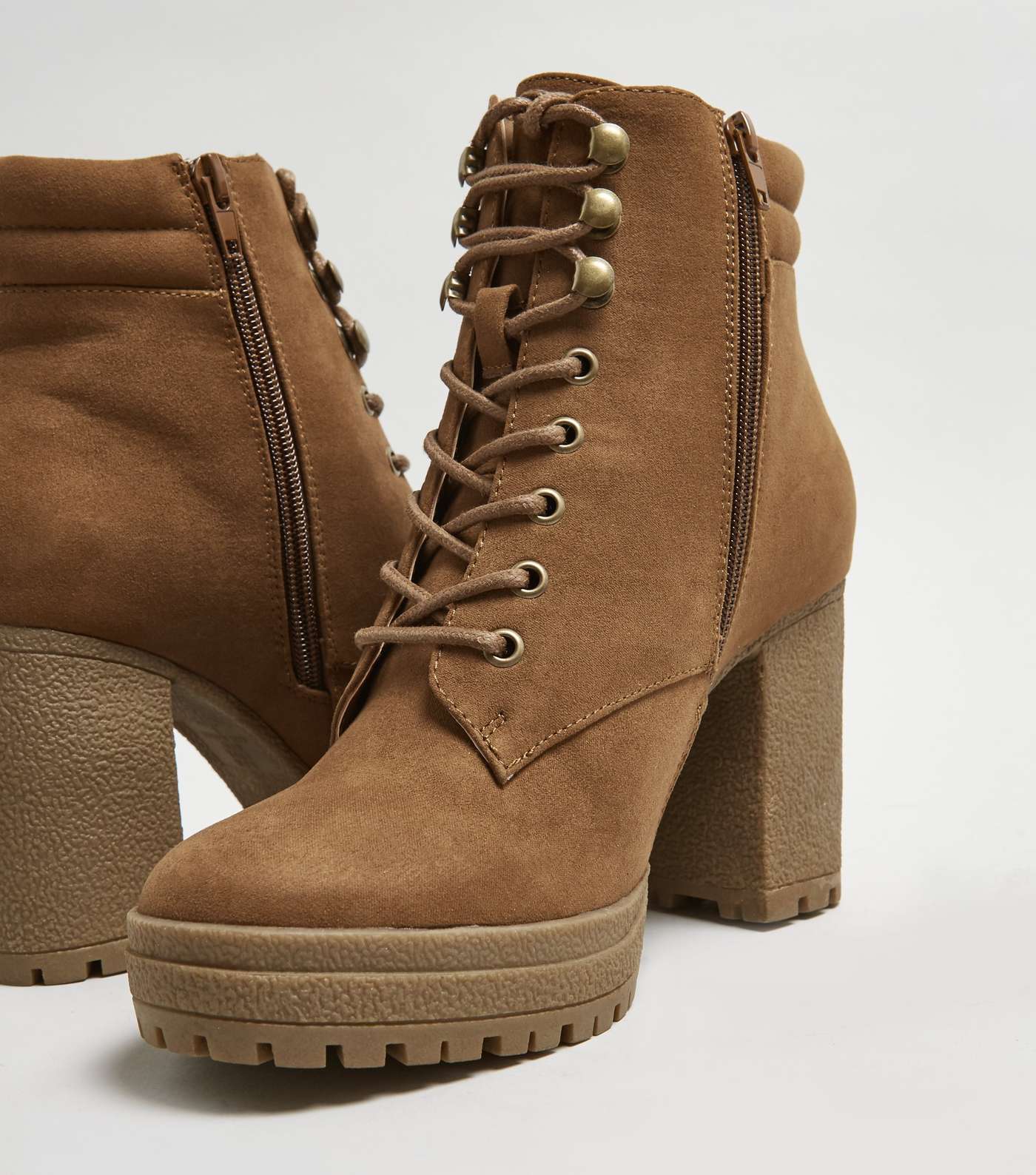 Wide Fit Tan Suedette Lace Up Block Heel Boots Image 2