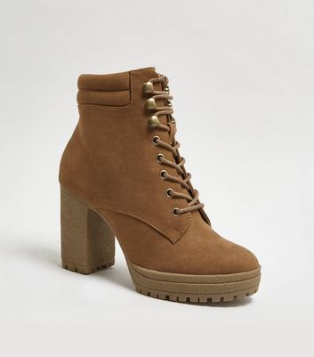 wide fit tan suedette lace up block heel boots