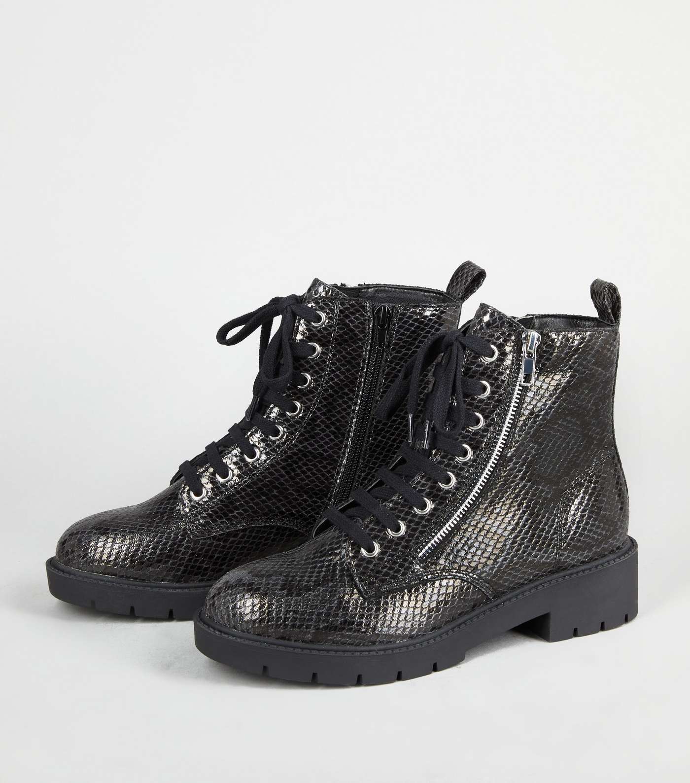 Black Faux Snake Chunky Lace Up Boots Image 2
