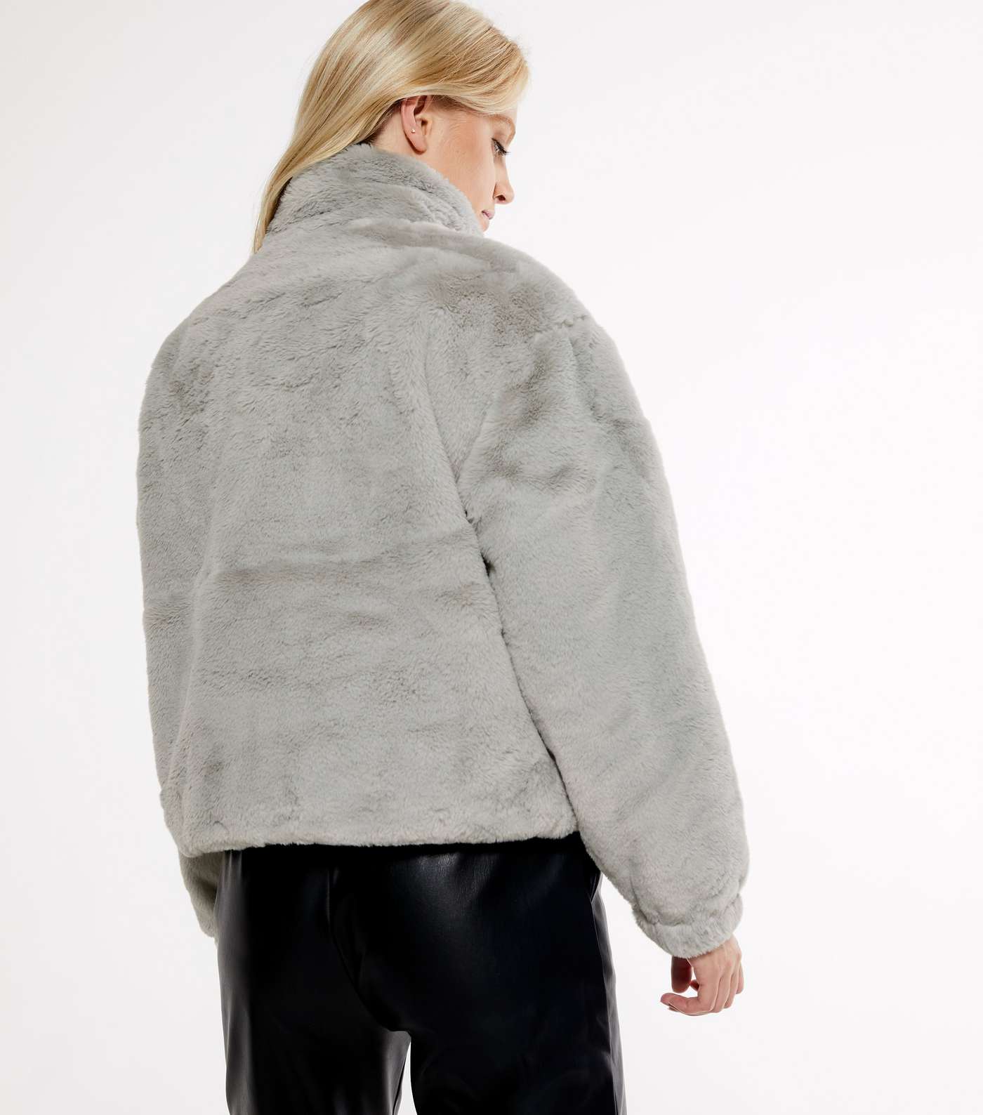 Pale Grey Faux Fur High Neck Jacket Image 4