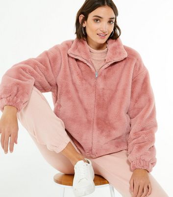 new look pink faux fur teddy coat