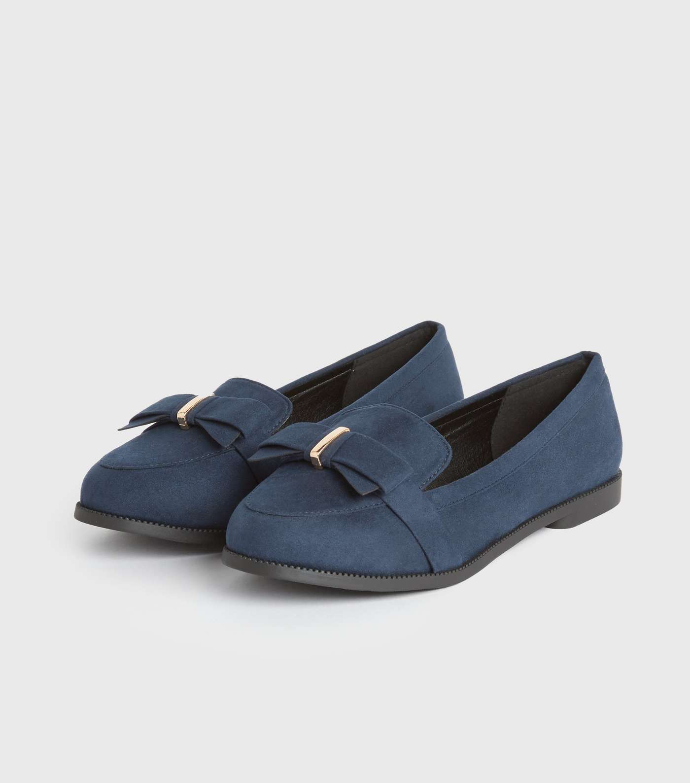 Wide Fit Navy Suedette Metal Bow Loafers Image 2
