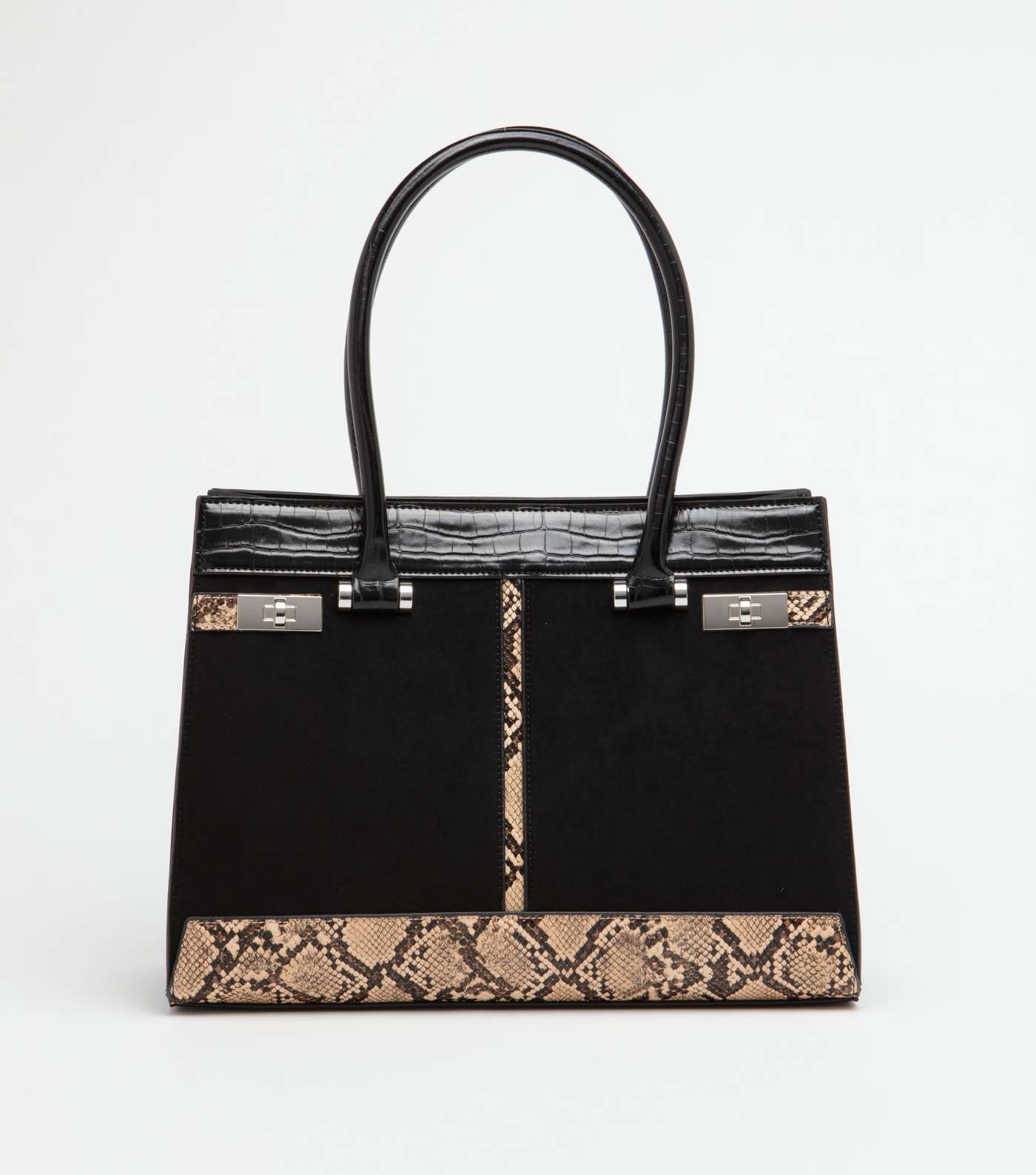 Black Faux Croc and Snake Tote Bag 