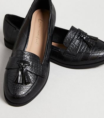 Image of Black Faux Croc Tassel Trim Loafers New Look Vegan