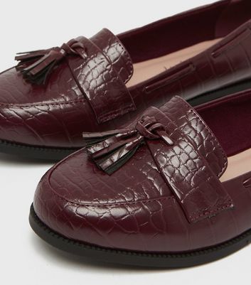 Image of Burgundy Faux Croc Tassel Trim Loafers New Look Vegan