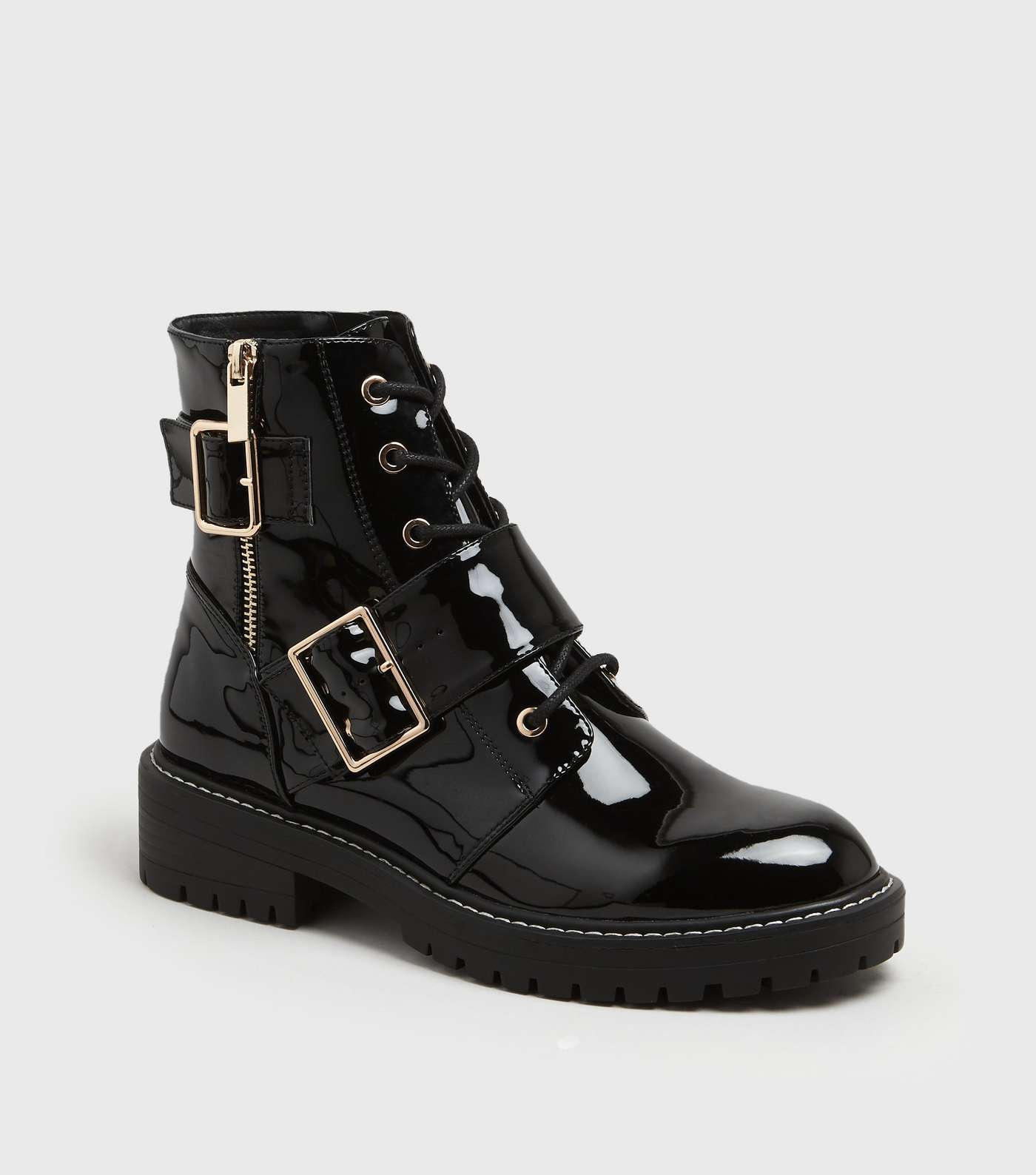 Black Patent Lace Up Buckle Boots Image 2
