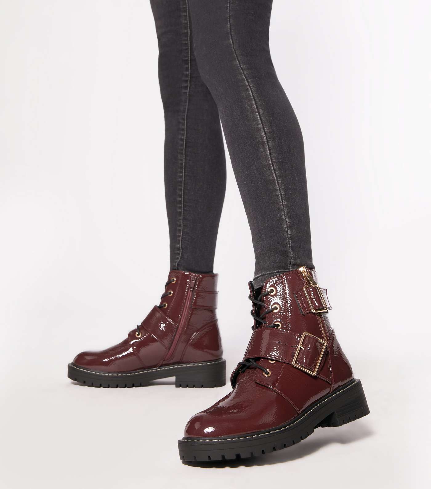 Dark Red Patent Lace Up Buckle Boots