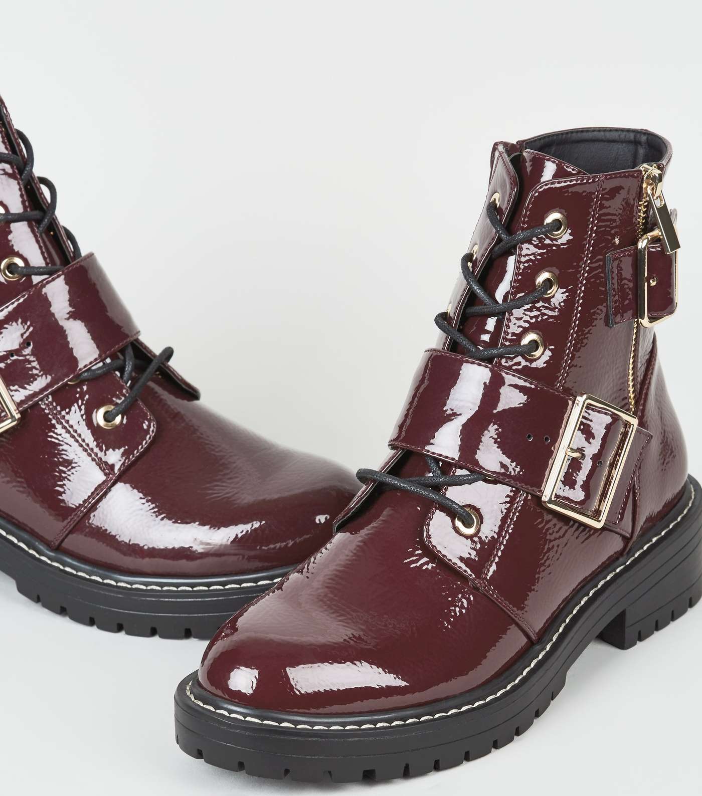 Dark Red Patent Lace Up Buckle Boots Image 3