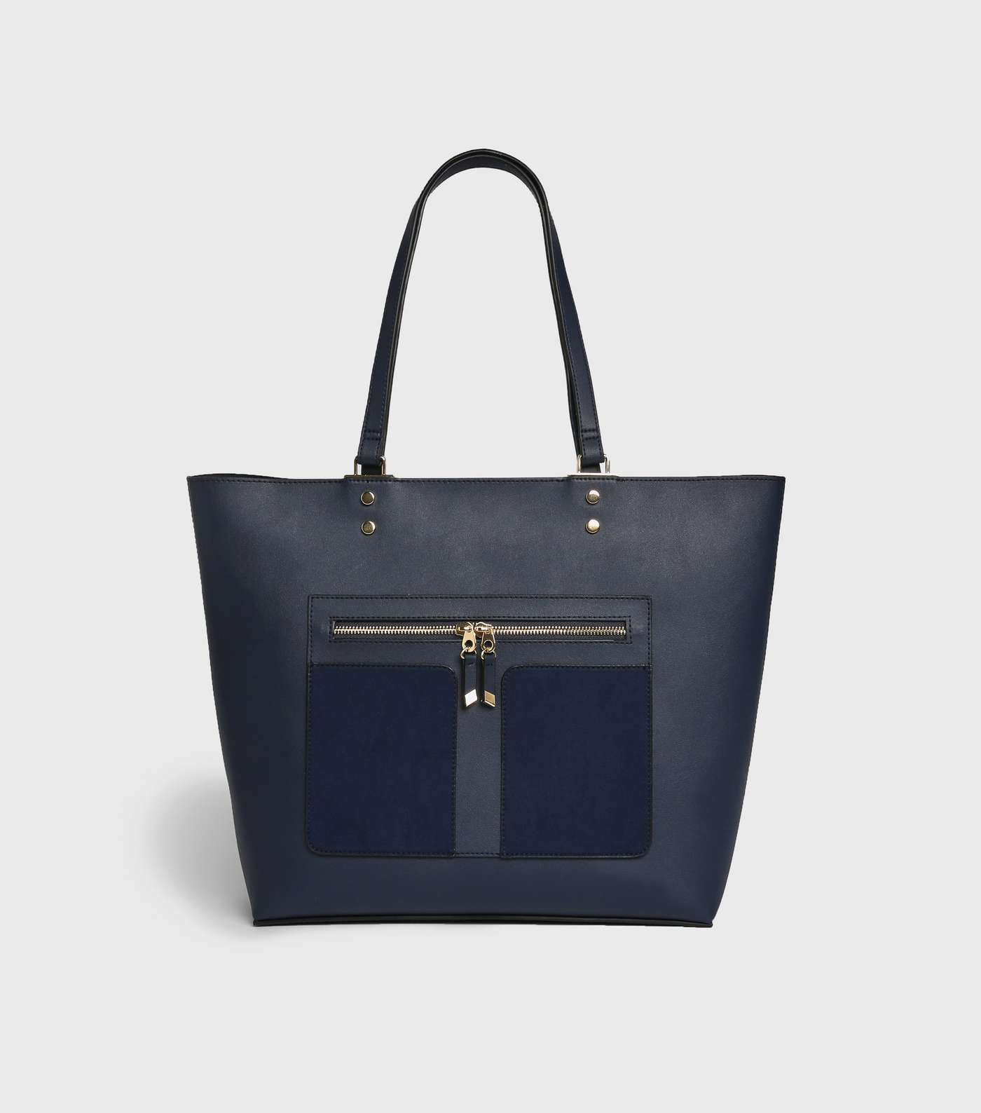 Navy Leather-Look Zip Front Tote Bag