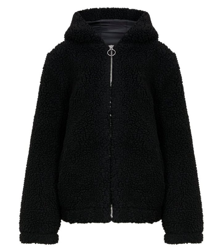 Girls Black Teddy Hooded Jacket New Look