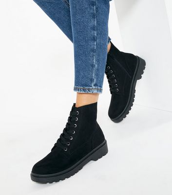 Image of Black Suedette Lace Up Chunky Biker Boots New Look Vegan