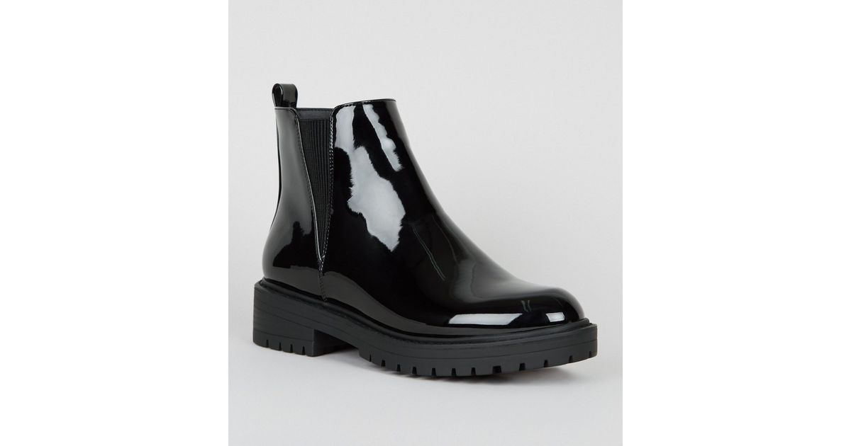 Black Patent Chunky Cleated Chelsea Boots | New Look