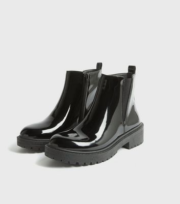 Black Patent Chunky Cleated Chelsea Boots New Look