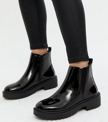 Black Patent Chunky Cleated Chelsea Boots New Look