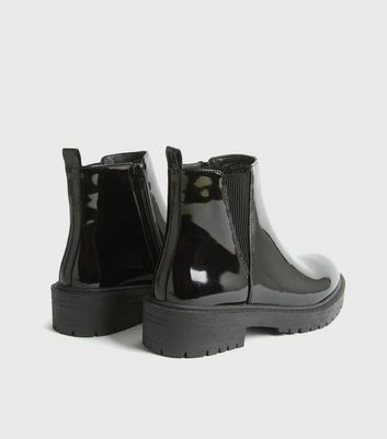 Image of Black Patent Chunky Cleated Chelsea Boots New Look