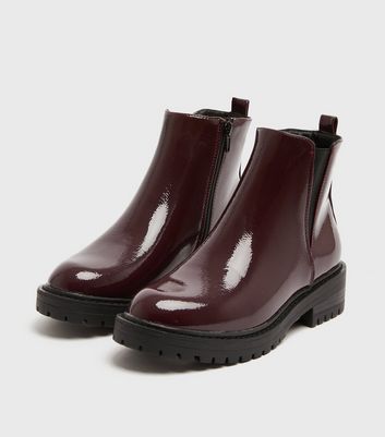 Dark Red Patent Chunky Cleated Chelsea Boots New Look