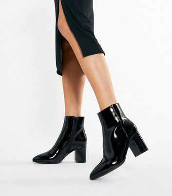black patent block heel ankle boots