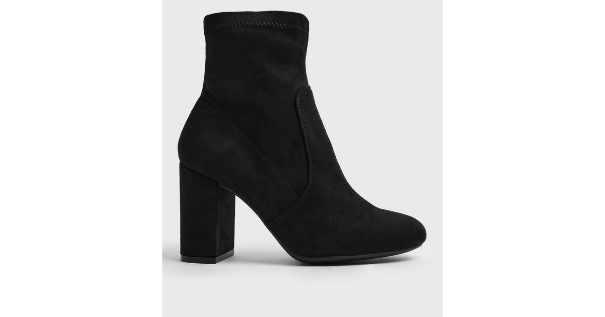 Black Suedette Block Heel Sock Boots New Look