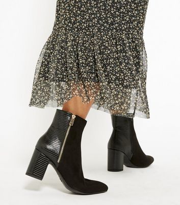 Image of Black Suedette Pointed Toe Block Heel Boots New Look Vegan