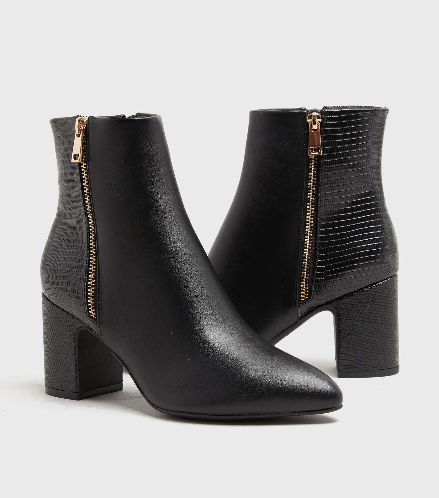 Black Faux Snake Back Block Heel Pointed Ankle Boots Image 3