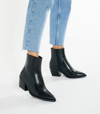 Image of Black Faux Snake Pointed Western Boots New Look Vegan