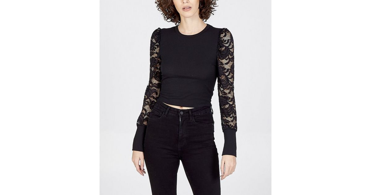 Black Puff Sleeve Ribbed V Neck LS main image 1