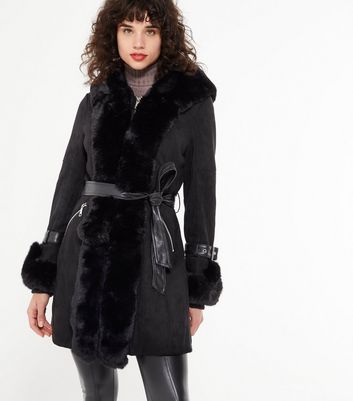 Blue Vanilla Black Faux Fur Hooded Coat 