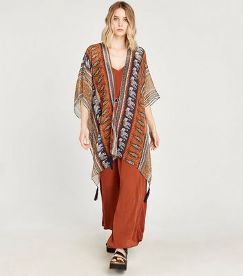 Image of Apricot Tan Elephant Print Chiffon Kimono New Look