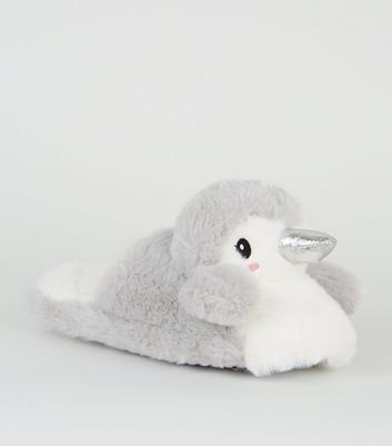 Grey Faux Fur Penguin Slippers | New Look