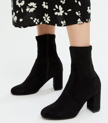 Black Suedette Block Heel Sock Boots | New Look