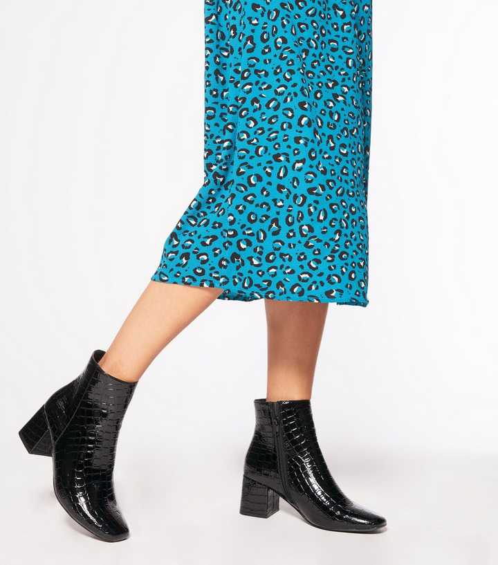 Berolige afregning dejligt at møde dig Black Faux Croc Block Heel Ankle Boots | New Look