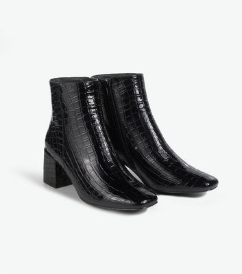 Image of Black Faux Croc Block Heel Ankle Boots New Look